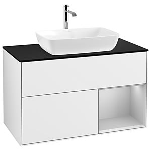 Villeroy und Boch Finion Waschtischunterschrank G782GJGF 100cm, Abdeckplatte black matt, Emotion, Regale Light grey matt lacquer, Glossy white lacquer