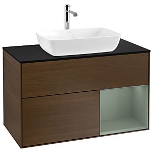 Villeroy et Boch Finion Villeroy et Boch G782GMGN 100cm, plaque de recouvrement noir mat, Emotion, étagères laqué olive mat, placage noyer