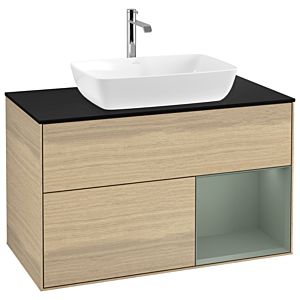 Villeroy und Boch Finion Waschtischunterschrank G782GMPC 100cm, Abdeckplatte black matt, Emotion, Regale Olive matt lacquer, Oak Veneer
