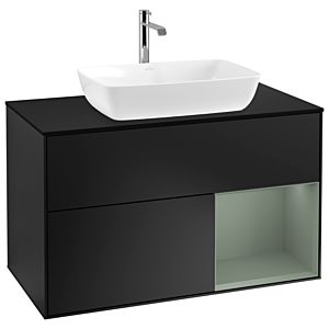 Villeroy und Boch Finion Waschtischunterschrank G782GMPD 100cm, Abdeckplatte black matt, Emotion, Regale Olive matt lacquer, Black matt lacquer
