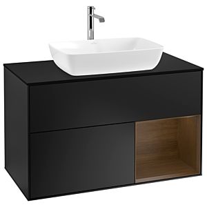 Villeroy und Boch Finion Waschtischunterschrank G782GNPD 100cm, Abdeckplatte black matt, Emotion, Regale Walnut Veneer, Black matt lacquer