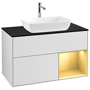 Villeroy et Boch Finion Villeroy et Boch G782HFMT 100cm, plaque de recouvrement noir mat, Emotion, étagères laqué or mat, laqué blanc mat