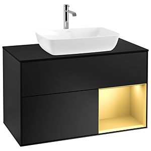 Villeroy und Boch Finion Waschtischunterschrank G782HFPD 100cm, Abdeckplatte black matt, Emotion, Regale Gold matt lacquer, Black matt lacquer