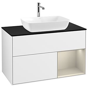 Villeroy und Boch Finion Waschtischunterschrank G782HHGF 100cm, Abdeckplatte black matt, Emotion, Regale sand matt lacquer, Glossy white lacquer