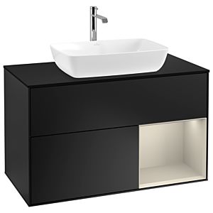 Villeroy und Boch Finion Waschtischunterschrank G782HHPD 100cm, Abdeckplatte black matt, Emotion, Regale sand matt lacquer, Black matt lacquer