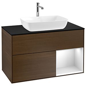 Villeroy et Boch Finion Villeroy et Boch G782MTGN 100cm, plaque de recouvrement noire mate, Emotion, étagères laquées blanc mat, placage noyer