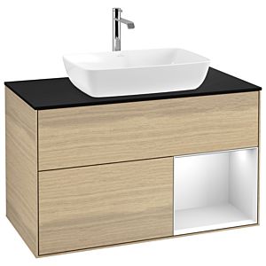 Villeroy und Boch Finion Waschtischunterschrank G782MTPC 100cm, Abdeckplatte black matt, Emotion, Regale White matt lacquer, Oak Veneer