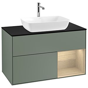 Villeroy und Boch Finion Waschtischunterschrank G782PCGM 100cm, Abdeckplatte black matt, Emotion, Regale Oak Veneer, Olive Matt Lacquer