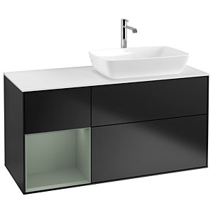 Villeroy und Boch Finion Waschtischunterschrank G801GMPD 120cm, Abdeckplatte white matt, Emotion, Regale Olive matt lacquer, Black matt lacquer