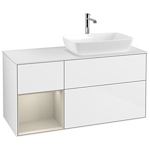 Villeroy und Boch Finion Waschtischunterschrank G801HHGF 120cm, Abdeckplatte white matt, Emotion, Regale sand matt lacquer, Glossy white lacquer