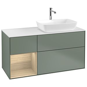 Villeroy und Boch Finion Waschtischunterschrank G801PCGM 120cm, Abdeckplatte white matt, Emotion, Regale Oak Veneer, Olive Matt Lacquer