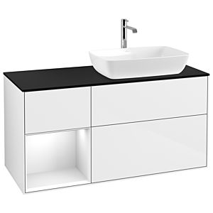 Villeroy und Boch Finion Waschtischunterschrank G802GFGF 120cm, Abdeckplatte black matt, Emotion, Regale Glossy white lacquer, Glossy white lacquer