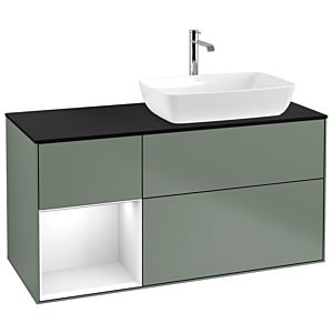 Villeroy und Boch Finion Waschtischunterschrank G802GFGM 120cm, Abdeckplatte black matt, Emotion, Regale Glossy white lacquer, Olive Matt Lacquer