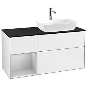 Villeroy und Boch Finion Waschtischunterschrank G802GJGF 120cm, Abdeckplatte black matt, Emotion, Regale Light grey matt lacquer, Glossy white lacquer