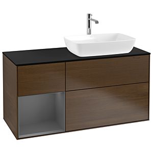 Villeroy und Boch Finion Waschtischunterschrank G802GKGN 120cm, Abdeckplatte black matt, Emotion, Regale Anthracite matt lacquer, Walnut veneer