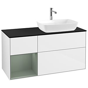 Villeroy und Boch Finion Waschtischunterschrank G802GMGF 120cm, Abdeckplatte black matt, Emotion, Regale Olive matt lacquer, Glossy white lacquer