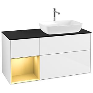 Villeroy und Boch Finion Waschtischunterschrank G802HFGF 120cm, Abdeckplatte black matt, Emotion, Regale Gold matt lacquer, Glossy white lacquer