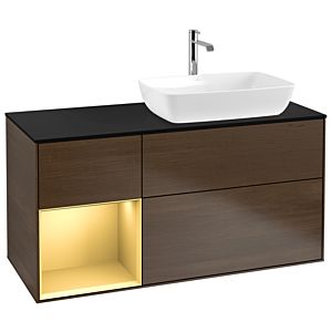 Villeroy und Boch Finion Waschtischunterschrank G802HFGN 120cm, Abdeckplatte black matt, Emotion, Regale Gold matt lacquer, Walnut veneer