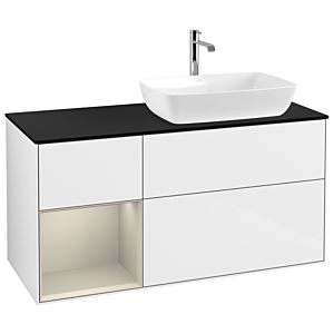 Villeroy und Boch Finion Waschtischunterschrank G802HHGF 120cm, Abdeckplatte black matt, Emotion, Regale sand matt lacquer, Glossy white lacquer
