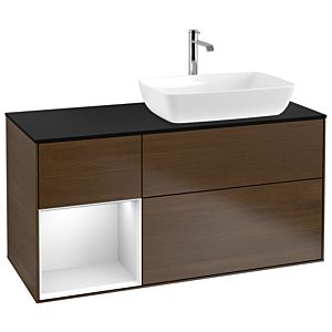 Villeroy und Boch Finion Waschtischunterschrank G802MTGN 120cm, Abdeckplatte black matt, Emotion, Regale White matt lacquer, Walnut veneer