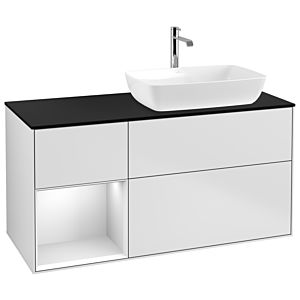 Villeroy et Boch Finion Villeroy et Boch G802MTMT 120cm, plaque de recouvrement noir mat, Emotion, étagères laqué blanc mat, laqué blanc mat