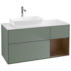 Villeroy und Boch Finion Waschtischunterschrank G811GNGM 120cm, Abdeckplatte white matt, Emotion, Regale Walnut Veneer, Olive Matt Lacquer