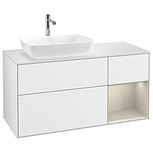 Villeroy und Boch Finion Waschtischunterschrank G811HHGF 120cm, Abdeckplatte white matt, Emotion, Regale sand matt lacquer, Glossy white lacquer