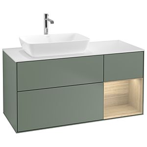 Villeroy und Boch Finion Waschtischunterschrank G811PCGM 120cm, Abdeckplatte white matt, Emotion, Regale Oak Veneer, Olive Matt Lacquer