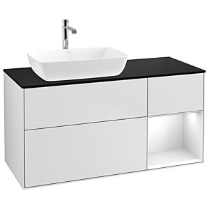 Villeroy et Boch Finion Villeroy et Boch G812GFMT 120cm, plaque de recouvrement noir mat, Emotion, étagères laqué blanc brillant, laqué blanc mat