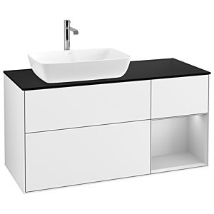 Villeroy und Boch Finion Waschtischunterschrank G812GJGF 120cm, Abdeckplatte black matt, Emotion, Regale Light grey matt lacquer, Glossy white lacquer