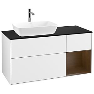 Villeroy und Boch Finion Waschtischunterschrank G812GNGF 120cm, Abdeckplatte black matt, Emotion, Regale Walnut Veneer, Glossy white lacquer