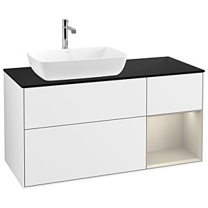 Villeroy und Boch Finion Waschtischunterschrank G812HHGF 120cm, Abdeckplatte black matt, Emotion, Regale sand matt lacquer, Glossy white lacquer