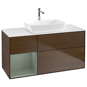 Villeroy et Boch Finion Villeroy et Boch G821GMGN 120cm, plaque de recouvrement blanc mat, Emotion, étagères laqué olive mat, placage noyer