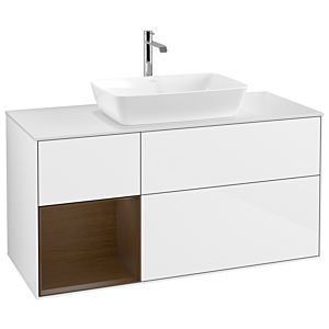 Villeroy et Boch Finion G821GNGF 120cm, plaque de recouvrement blanc mat, emotion, étagères Walnut Veneer , laqué blanc brillant