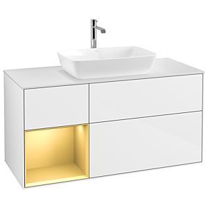 Villeroy et Boch Finion Villeroy et Boch G821HFGF 120cm, plaque de recouvrement blanc mat, Emotion, étagères laqué or mat, laqué blanc brillant