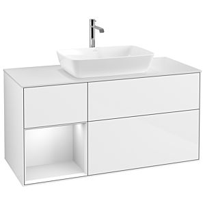 Villeroy et Boch Finion Villeroy et Boch G821MTGF 120cm, plateau blanc mat, Emotion, étagères laqué blanc mat, laqué blanc brillant