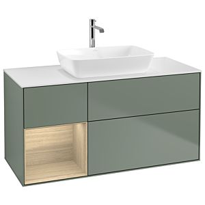 Villeroy und Boch Finion Waschtischunterschrank G821PCGM 120cm, Abdeckplatte white matt, Emotion, Regale Oak Veneer, Olive Matt Lacquer
