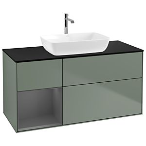 Villeroy et Boch Finion G822GKGM 120cm, plaque de recouvrement noire mate, Emotion, étagères Olive Matt Lacquer anthracite mat, Olive Matt Lacquer