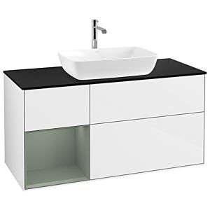 Villeroy et Boch Finion Villeroy et Boch G822GMGF 120cm, plaque de recouvrement noir mat, Emotion, étagères laqué olive mat, laqué blanc brillant