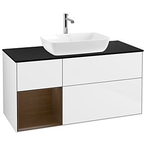 Villeroy et Boch Finion G822GNGF 120cm, plaque de recouvrement noir mat, Emotion, étagères Walnut Veneer , laqué blanc brillant