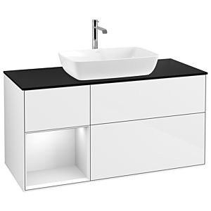 Villeroy und Boch Finion Waschtischunterschrank G822MTGF 120cm, Abdeckplatte black matt, Emotion, Regale White matt lacquer, Glossy white lacquer