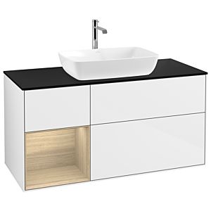 Villeroy et Boch Finion G822PCGF 120cm, plaque de recouvrement noire mate, Emotion, étagères Oak Veneer , laqué blanc brillant