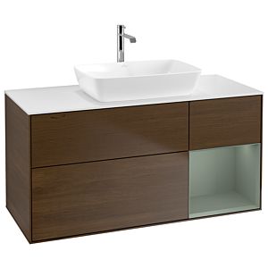 Villeroy et Boch Finion Villeroy et Boch G831GMGN 120cm, plaque de recouvrement blanc mat, Emotion, étagères laqué mat olive, placage noyer