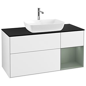 Villeroy und Boch Finion Waschtischunterschrank G832GMGF 120cm, Abdeckplatte black matt, Emotion, Regale Olive matt lacquer, Glossy white lacquer