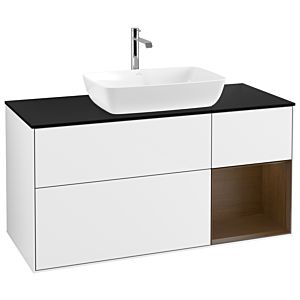 Villeroy und Boch Finion Waschtischunterschrank G832GNGF 120cm, Abdeckplatte black matt, Emotion, Regale Walnut Veneer, Glossy white lacquer