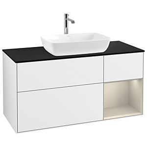 Villeroy und Boch Finion Waschtischunterschrank G832HHGF 120cm, Abdeckplatte black matt, Emotion, Regale sand matt lacquer, Glossy white lacquer