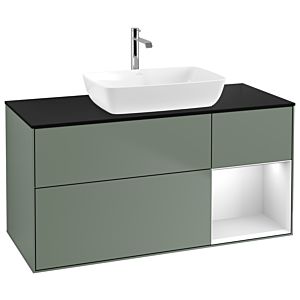 Villeroy et Boch Finion Villeroy et Boch G832MTGM 120cm, plaque de recouvrement noir mat, Emotion, étagères laqué blanc mat, Olive Matt Lacquer