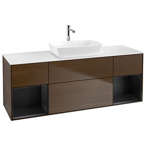 Villeroy und Boch Finion Waschtischunterschrank G861PDGN 160cm, Abdeckplatte white matt, Emotion, Regale Black matt lacquer, Walnut veneer