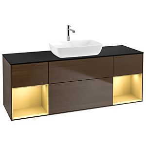 Villeroy und Boch Finion Waschtischunterschrank G862HFGN 160cm, Abdeckplatte black matt, Emotion, Regale Gold matt lacquer, Walnut veneer