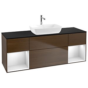 Villeroy und Boch Finion Waschtischunterschrank G862MTGN 160cm, Abdeckplatte black matt, Emotion, Regale White matt lacquer, Walnut veneer